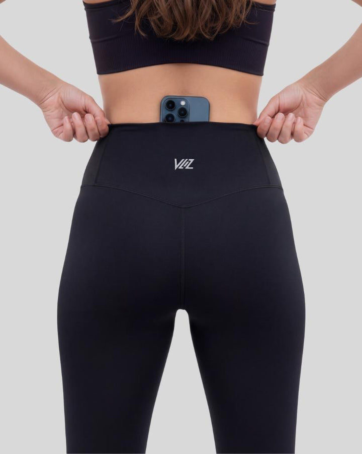VLIZ 2nd-Skin High-Waist Long_Leggings Black; high-rise waistband; sculpted compression fit; clean hemline; hidden phone pocket at inner back waistband; suitable for yoga, Pilates, cardio, and everyday training.