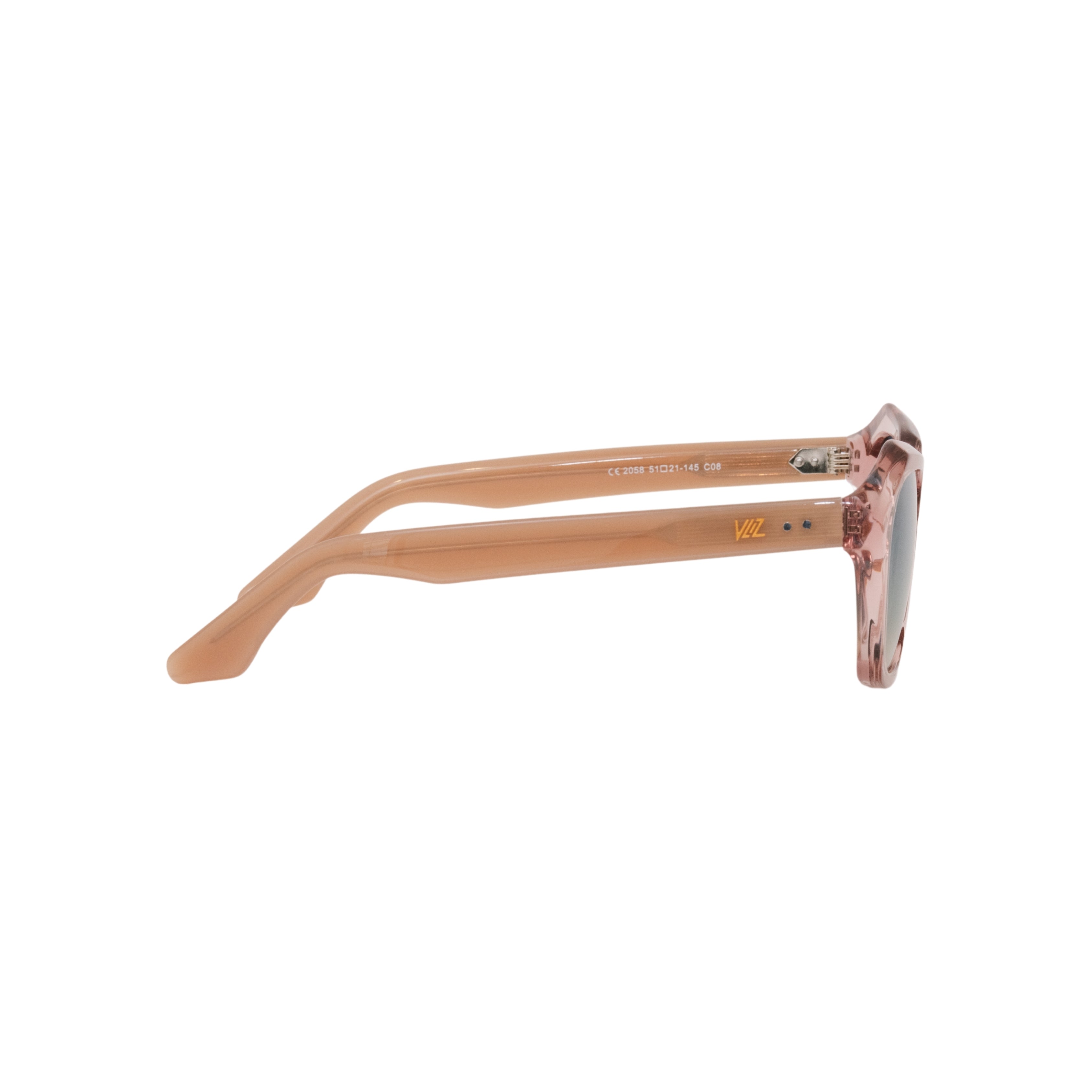 VLIZ Altara sunglasses with translucent pink-gradient frame and blue lenses, featuring a square-oval architectural design, UV400 protection, and and engraved logo on temples.