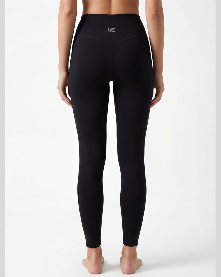 VLIZ AuraFlow Full-Length Leggings in black, laid flat on a white background. Features a V-shaped high-rise waistband with the VLIZ logo, designed for a sleek, supportive fit ideal for gym workouts, yoga, Pilates, and everyday training.