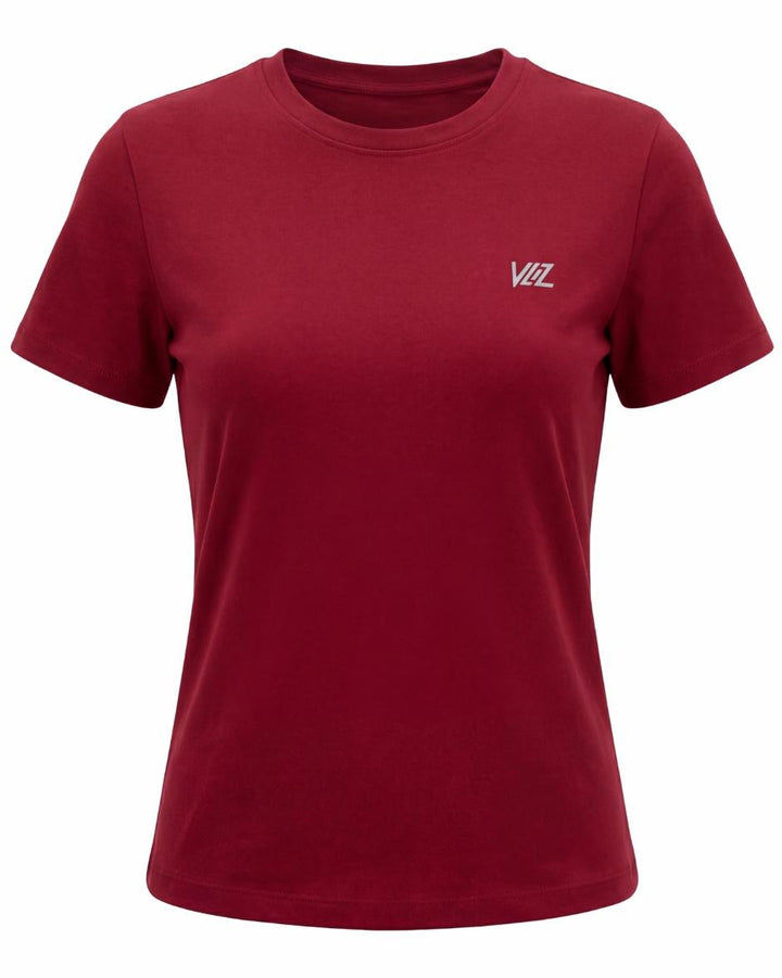 A model wears a form-fitting, short-sleeved deep red crew neck t-shirt. The smooth fabric highlights a comfortable, athletic fit suitable for workouts or casual wear.