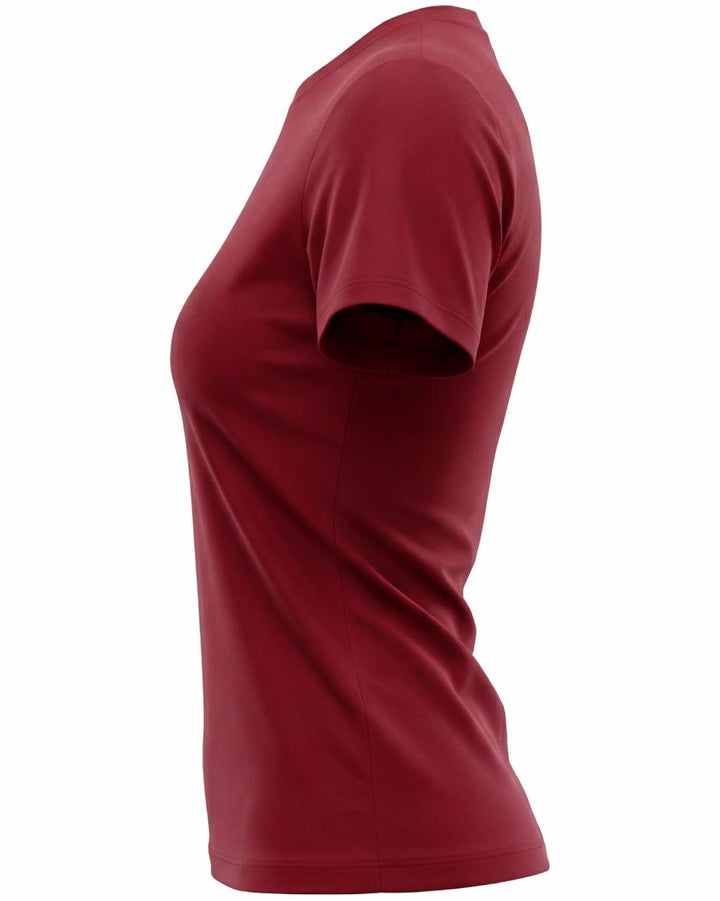 A model wears a form-fitting, short-sleeved deep red crew neck t-shirt. The smooth fabric highlights a comfortable, athletic fit suitable for workouts or casual wear.