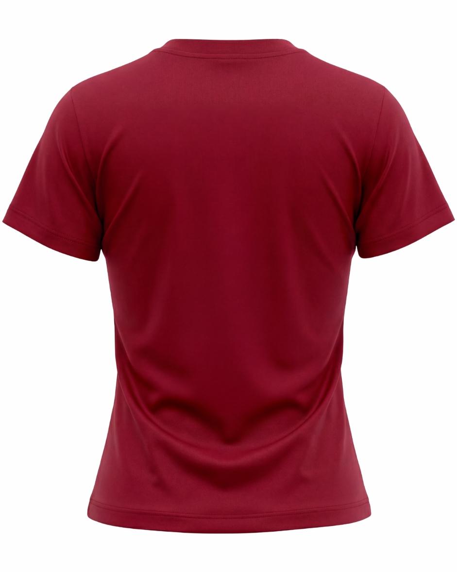 A model wears a form-fitting, short-sleeved deep red crew neck t-shirt. The smooth fabric highlights a comfortable, athletic fit suitable for workouts or casual wear.