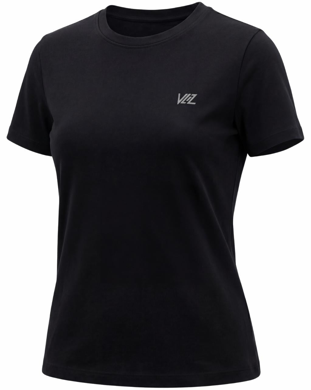 A model wears a form-fitting, short-sleeved deep black crew neck t-shirt. The smooth fabric highlights a comfortable, athletic fit suitable for workouts or casual wear.