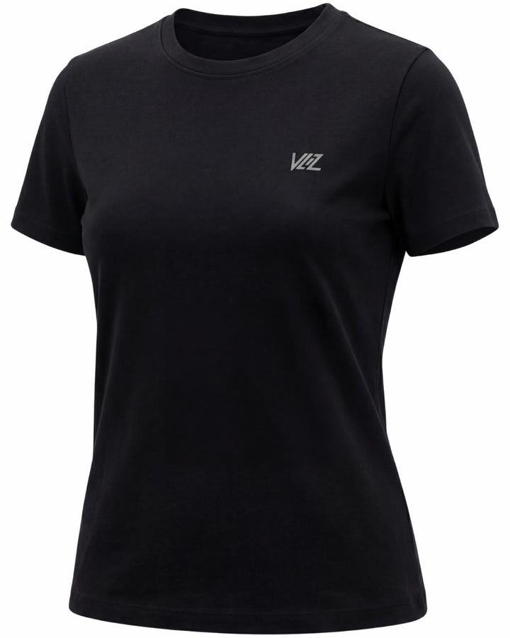 A model wears a form-fitting, short-sleeved deep black crew neck t-shirt. The smooth fabric highlights a comfortable, athletic fit suitable for workouts or casual wear.