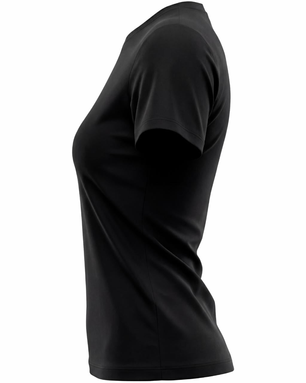 A model wears a form-fitting, short-sleeved deep black crew neck t-shirt. The smooth fabric highlights a comfortable, athletic fit suitable for workouts or casual wear.