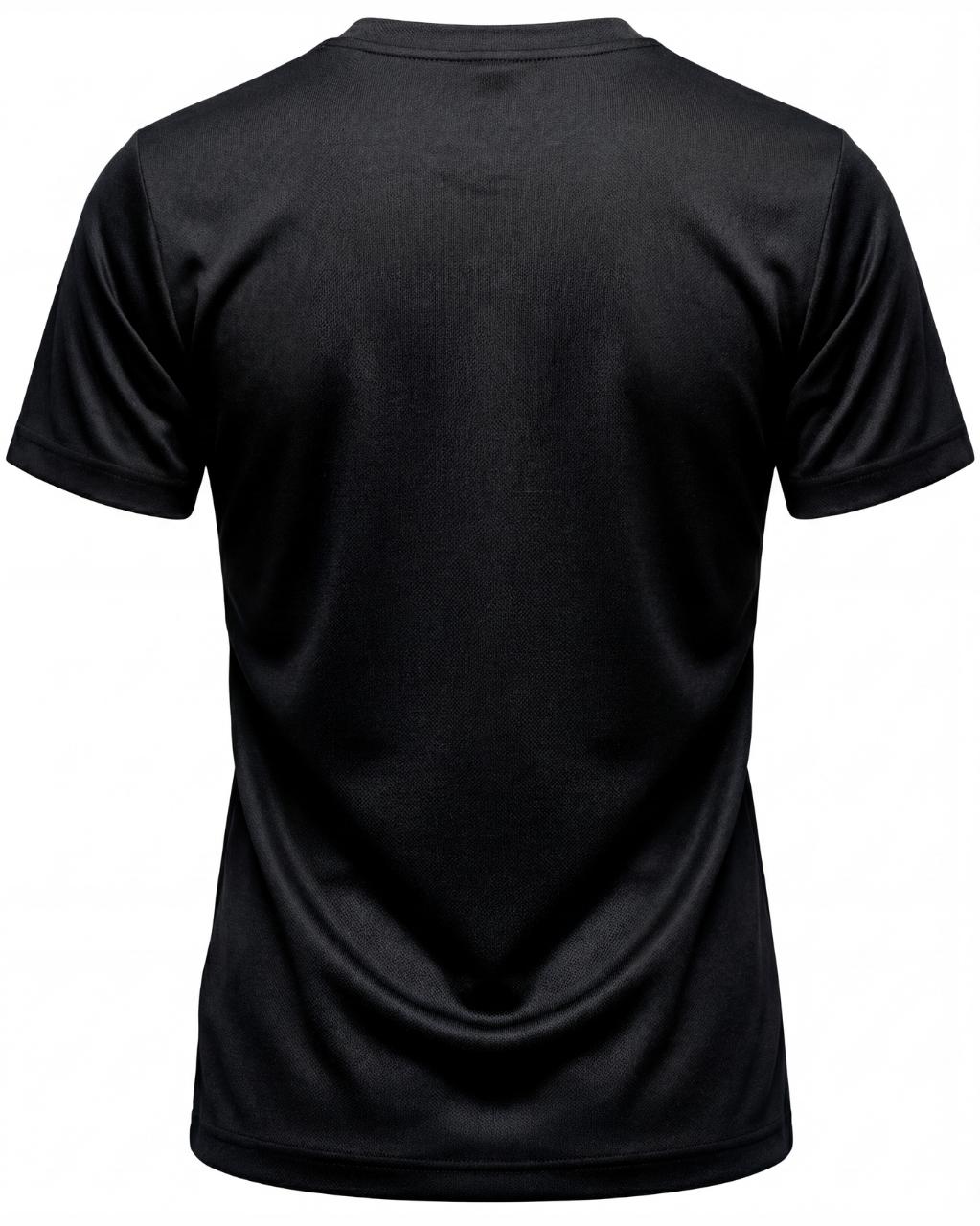 A model wears a form-fitting, short-sleeved deep black crew neck t-shirt. The smooth fabric highlights a comfortable, athletic fit suitable for workouts or casual wear.