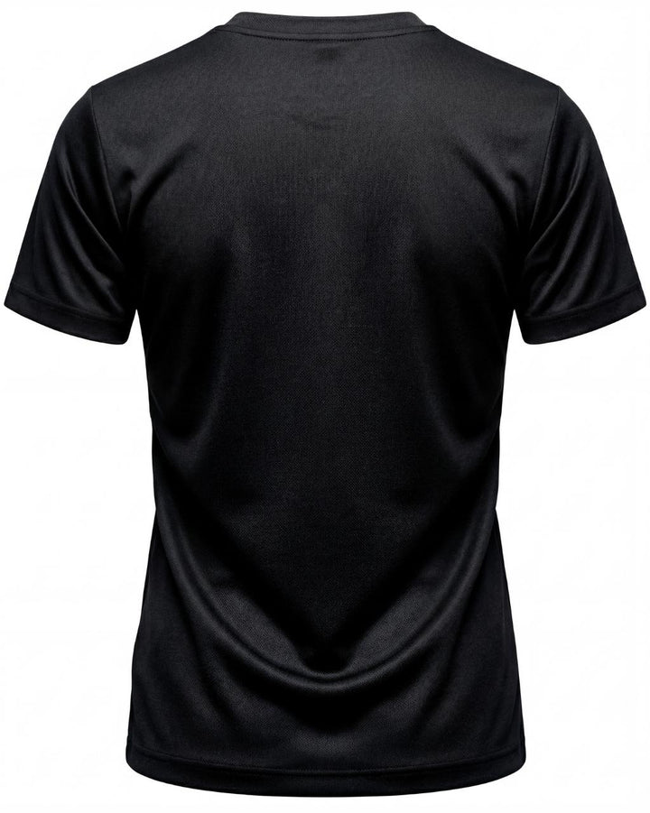 A model wears a form-fitting, short-sleeved deep black crew neck t-shirt. The smooth fabric highlights a comfortable, athletic fit suitable for workouts or casual wear.