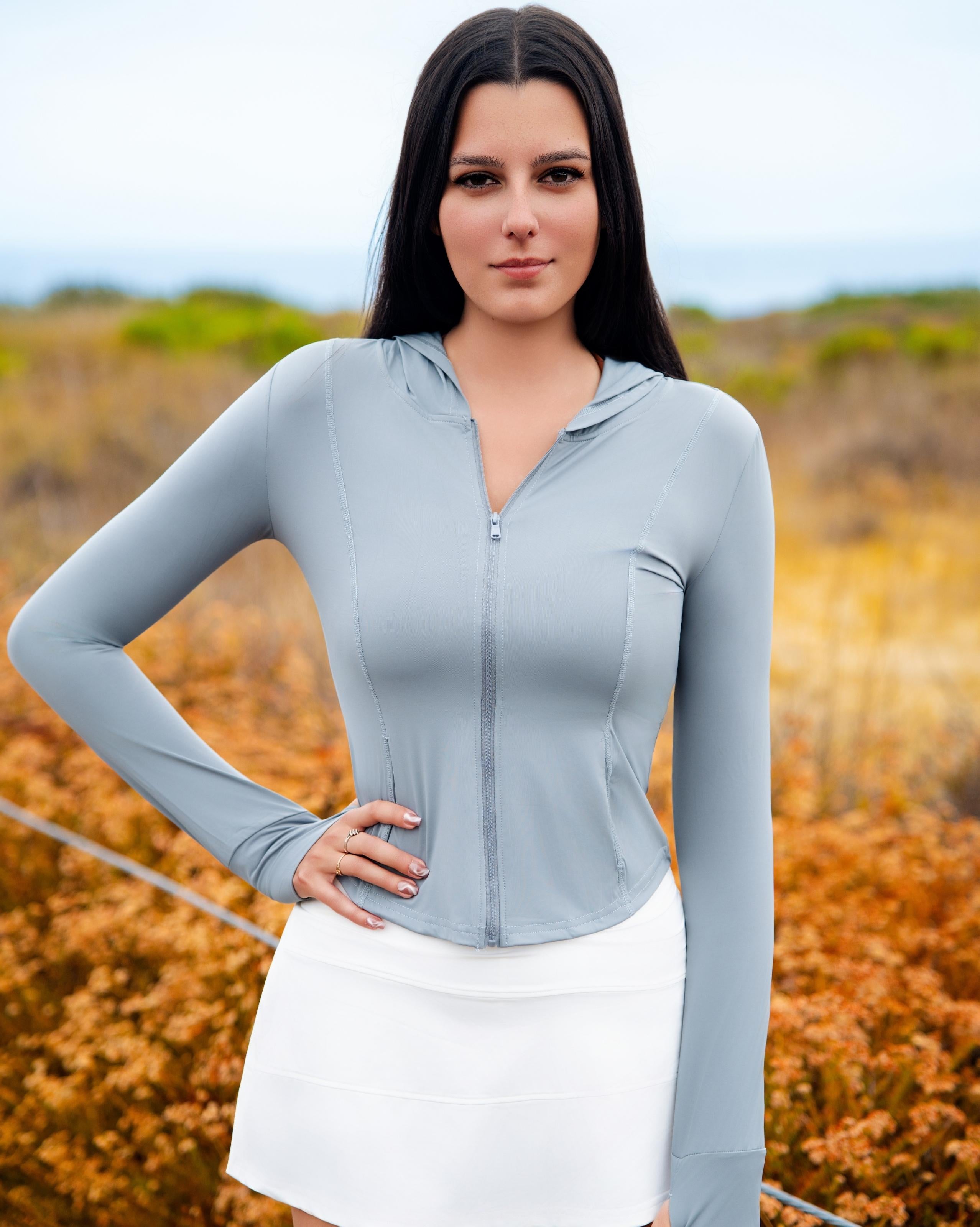 VLIZ IceShield UV Full-Zip SlimFit Hooded Top in Ash Gray, featuring an ice-touch UV-protective fabric, sleek silhouette, full-length zip, and a sun-shielding hood—ideal for outdoor training, hiking, tennis, and everyday layering.