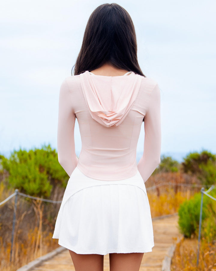 VLIZ IceShield UV Full-Zip SlimFit Hooded Top in Peach Pink, featuring an ice-touch UV-protective fabric, sleek silhouette, full-length zip, and a sun-shielding hood—ideal for outdoor training, hiking, tennis, and everyday layering.
