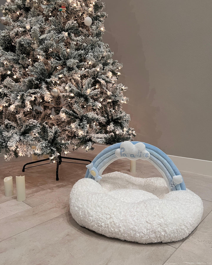 VLIZ Pets Rainbow Cloud Bed in Pink Or BabyBlue, handmade with imitation rabbit velvet fabric, featuring a cloud-shaped supportive base and detachable rainbow arch, Disney-certified quality.