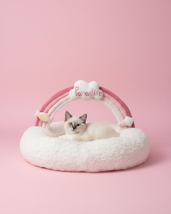 VLIZ Pets Rainbow Cloud Bed in Pink Or BabyBlue, handmade with imitation rabbit velvet fabric, featuring a cloud-shaped supportive base and detachable rainbow arch, Disney-certified quality.