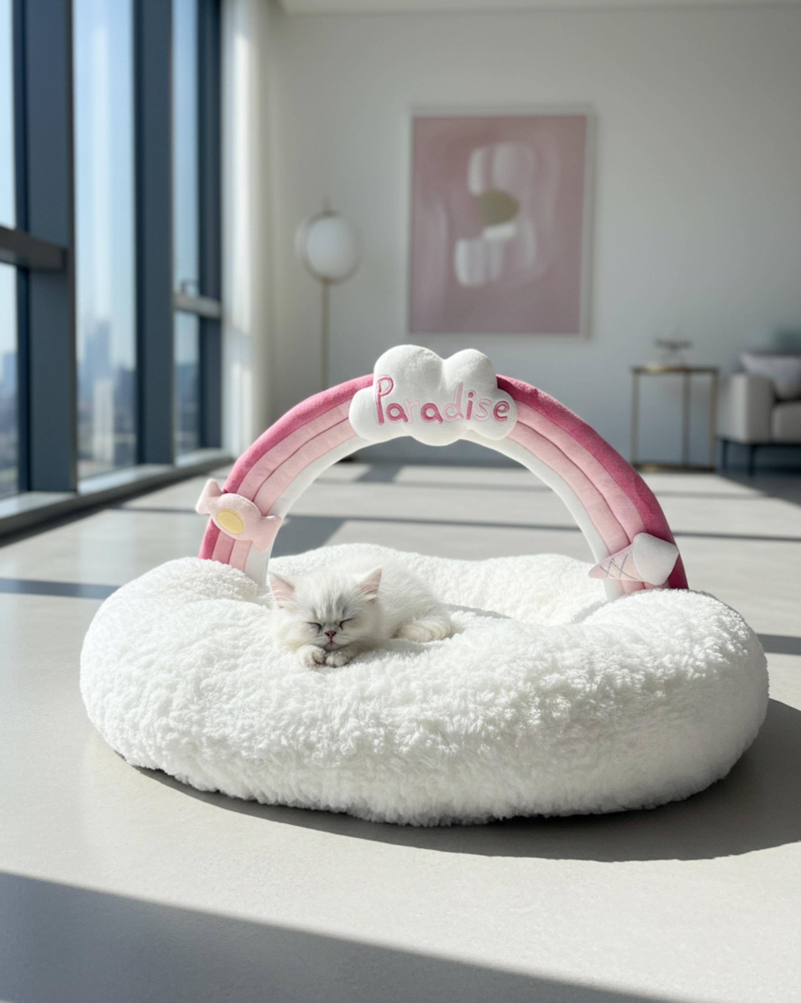 VLIZ Pets Rainbow Cloud Bed in Pink Or BabyBlue, handmade with imitation rabbit velvet fabric, featuring a cloud-shaped supportive base and detachable rainbow arch, Disney-certified quality.