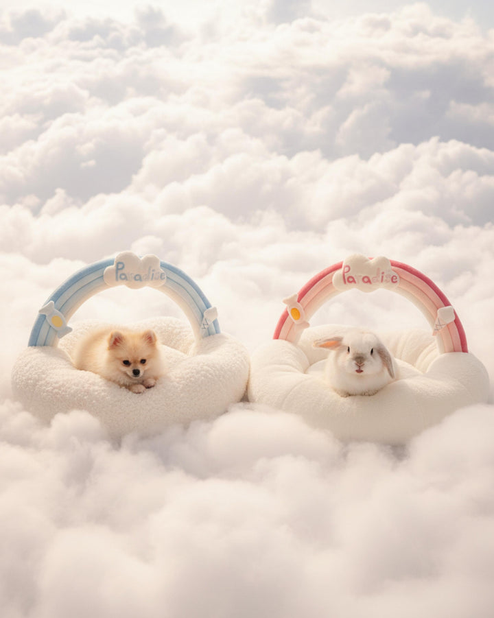 VLIZ Pets Rainbow Cloud Bed in Pink Or BabyBlue, handmade with imitation rabbit velvet fabric, featuring a cloud-shaped supportive base and detachable rainbow arch, Disney-certified quality.
