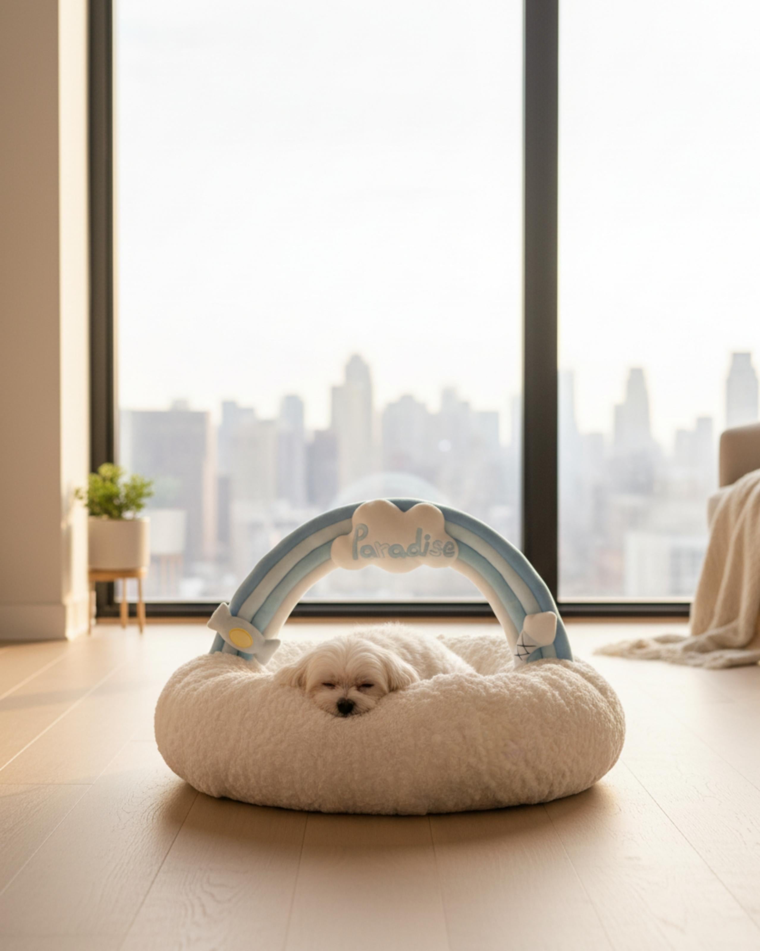 VLIZ Pets Rainbow Cloud Bed in Pink Or BabyBlue, handmade with imitation rabbit velvet fabric, featuring a cloud-shaped supportive base and detachable rainbow arch, Disney-certified quality.