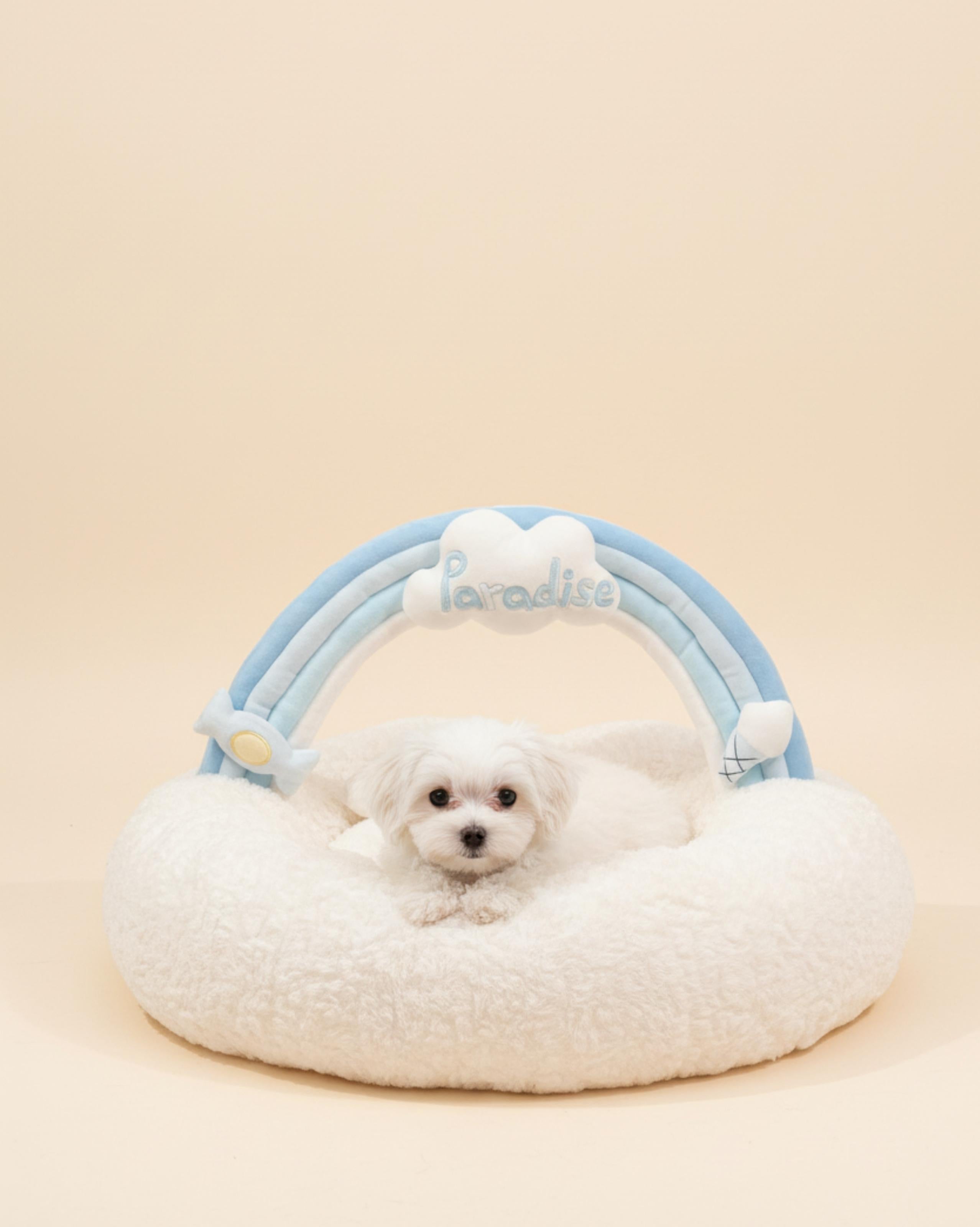 VLIZ Pets Rainbow Cloud Bed in Pink Or BabyBlue, handmade with imitation rabbit velvet fabric, featuring a cloud-shaped supportive base and detachable rainbow arch, Disney-certified quality.