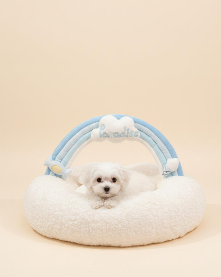 VLIZ Pets Rainbow Cloud Bed in Pink Or BabyBlue, handmade with imitation rabbit velvet fabric, featuring a cloud-shaped supportive base and detachable rainbow arch, Disney-certified quality.