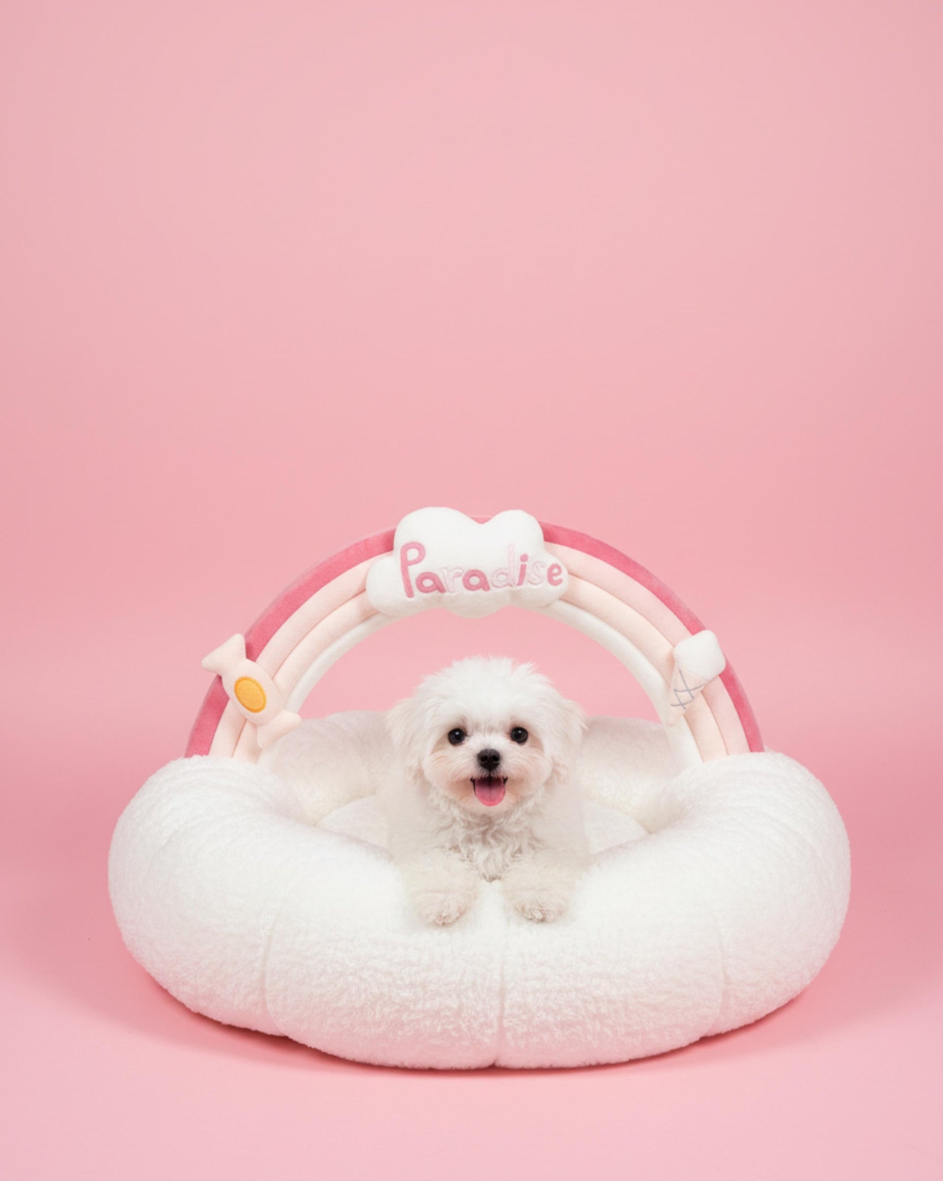 VLIZ Pets Rainbow Cloud Bed in Pink Or BabyBlue, handmade with imitation rabbit velvet fabric, featuring a cloud-shaped supportive base and detachable rainbow arch, Disney-certified quality.