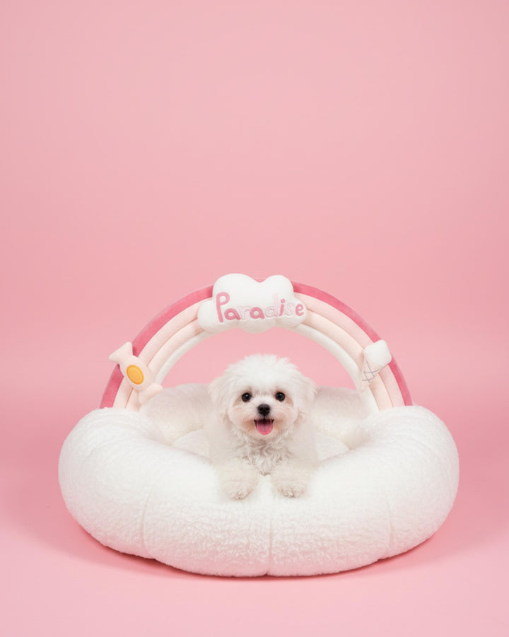 VLIZ Pets Rainbow Cloud Bed in Pink Or BabyBlue, handmade with imitation rabbit velvet fabric, featuring a cloud-shaped supportive base and detachable rainbow arch, Disney-certified quality.