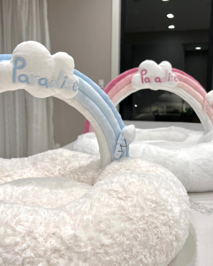 VLIZ Pets Rainbow Cloud Bed in Pink Or BabyBlue, handmade with imitation rabbit velvet fabric, featuring a cloud-shaped supportive base and detachable rainbow arch, Disney-certified quality.