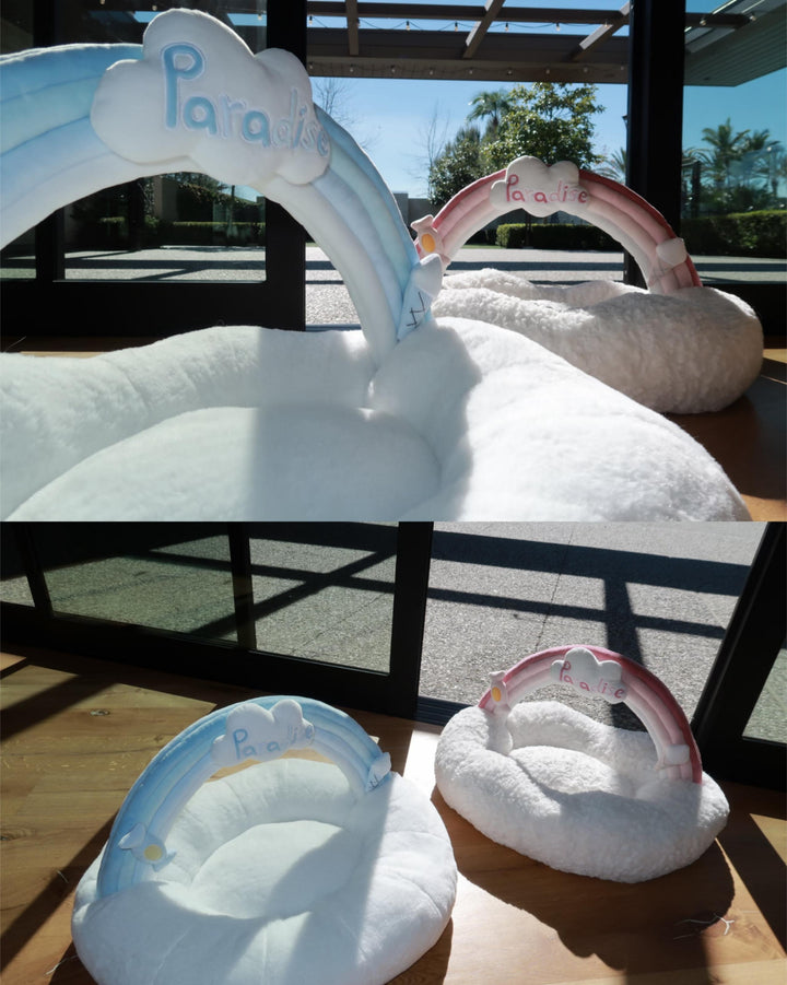 VLIZ Pets Rainbow Cloud Bed in Pink Or BabyBlue, handmade with imitation rabbit velvet fabric, featuring a cloud-shaped supportive base and detachable rainbow arch, Disney-certified quality.