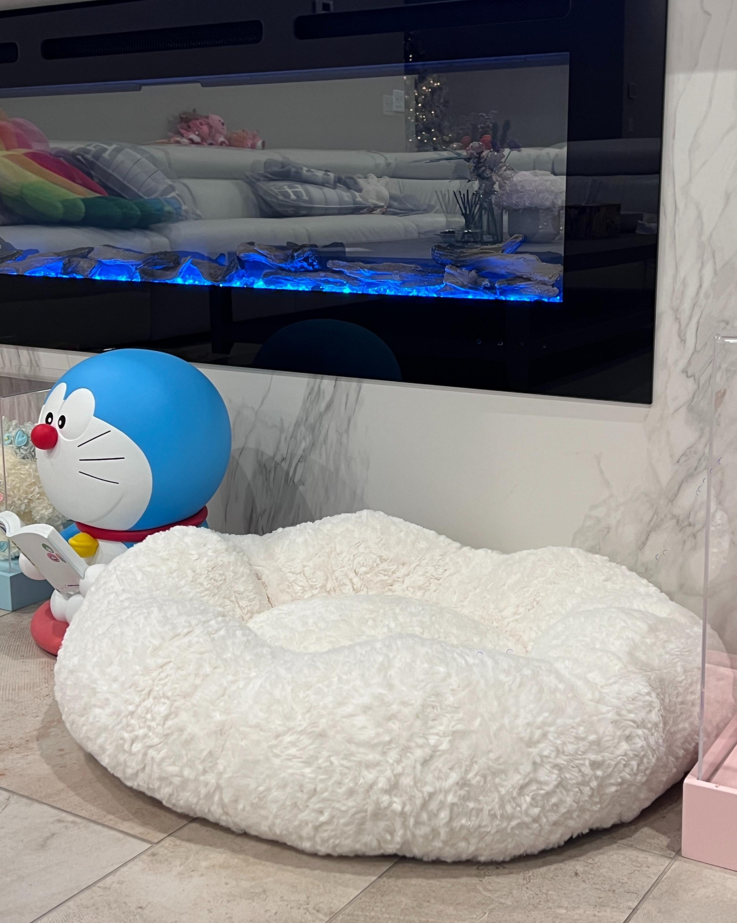 VLIZ Pets Rainbow Cloud Bed in Pink Or BabyBlue, handmade with imitation rabbit velvet fabric, featuring a cloud-shaped supportive base and detachable rainbow arch, Disney-certified quality.