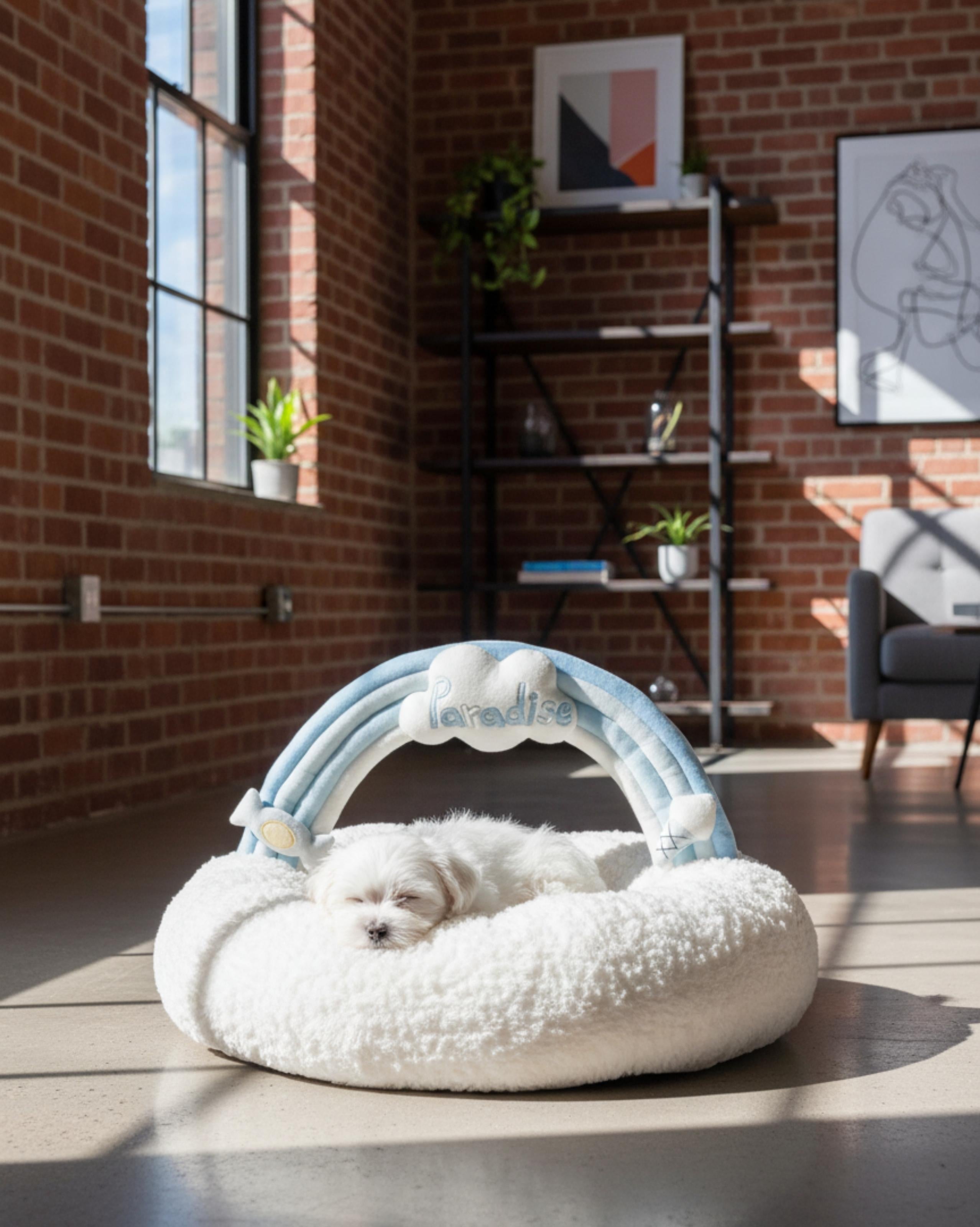 VLIZ Pets Rainbow Cloud Bed in Pink Or BabyBlue, handmade with imitation rabbit velvet fabric, featuring a cloud-shaped supportive base and detachable rainbow arch, Disney-certified quality.