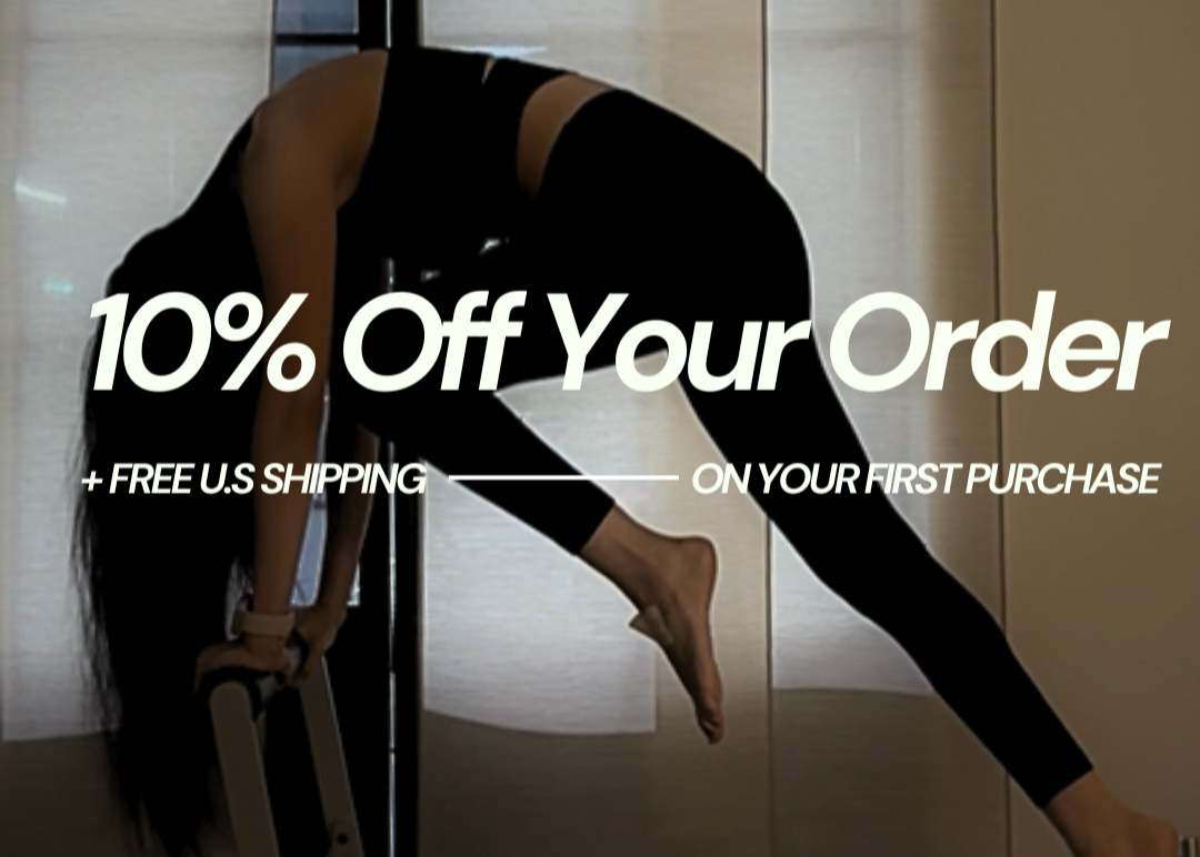 Person in black leggings performing a Pilates exercise on a reformer with promotional text overlay.