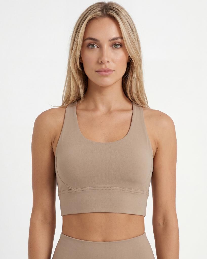 VLIZ Nova_Training_Bra Sports Bra, black, Fawn, Velvet with smooth fabric and a supportive fit. The design features elegant double cross-back straps and a discreet keyhole detail below the straps. Ideal for gym workouts, yoga, Pilates, and everyday training.