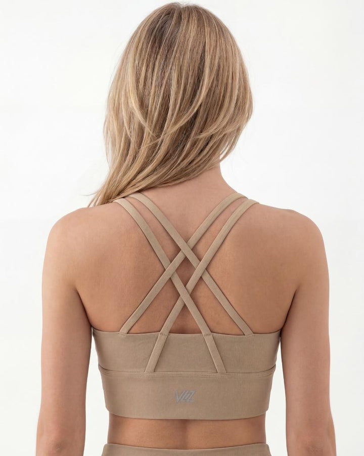 VLIZ Nova_Training_Bra Sports Bra, black, Fawn, Velvet with smooth fabric and a supportive fit. The design features elegant double cross-back straps and a discreet keyhole detail below the straps. Ideal for gym workouts, yoga, Pilates, and everyday training.