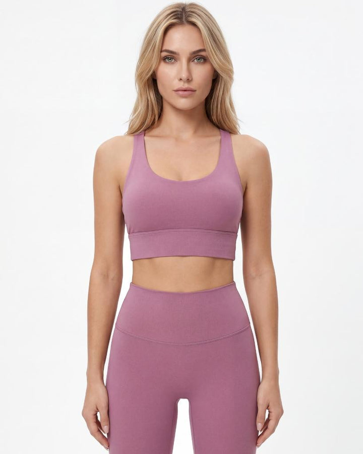 VLIZ Nova_Training_Bra Sports Bra, black, Fawn, Velvet with smooth fabric and a supportive fit. The design features elegant double cross-back straps and a discreet keyhole detail below the straps. Ideal for gym workouts, yoga, Pilates, and everyday training.