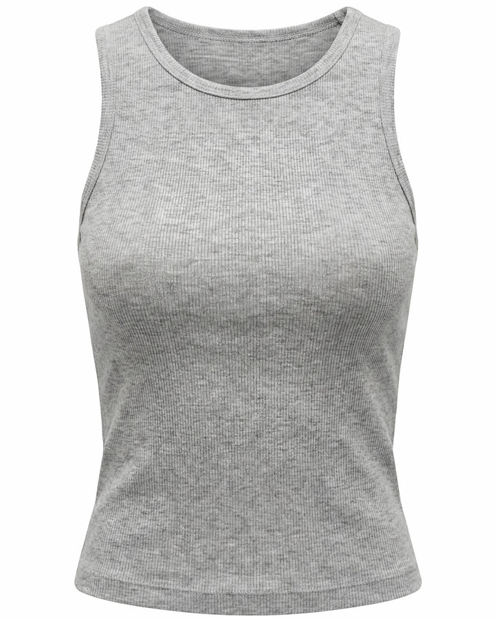 VLIZ Soft-Ribbed Padded Tank Top; a blonde woman models a light grey ribbed tank top with built-in pads and a supportive racerback design, paired with black leggings against a white background. Ideal for gym workouts, yoga, Pilates, and everyday training, highlighting its comfortable, flattering fit.