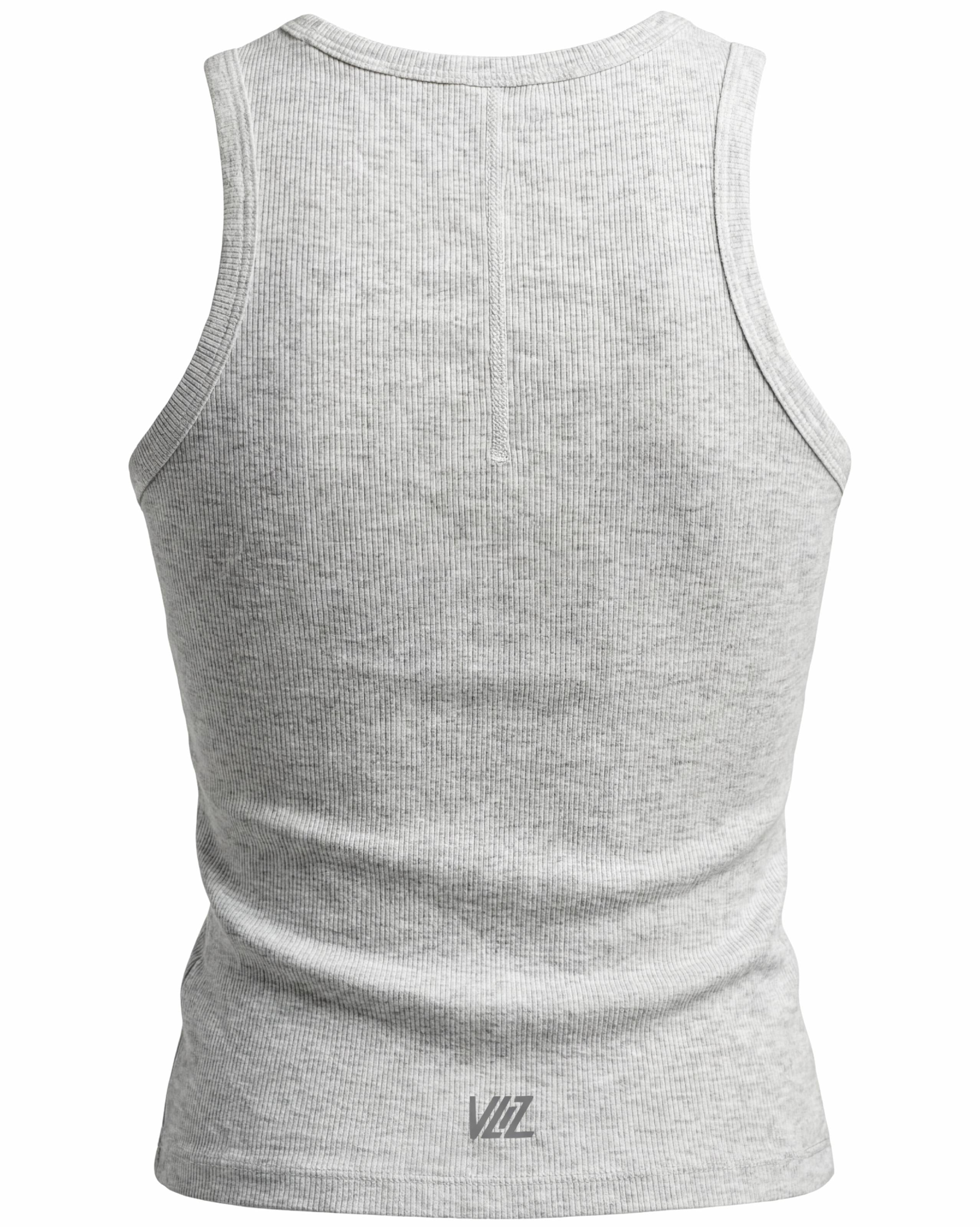 VLIZ Soft-Ribbed Padded Tank Top; a blonde woman models a light grey ribbed tank top with built-in pads and a supportive racerback design, paired with black leggings against a white background. Ideal for gym workouts, yoga, Pilates, and everyday training, highlighting its comfortable, flattering fit.