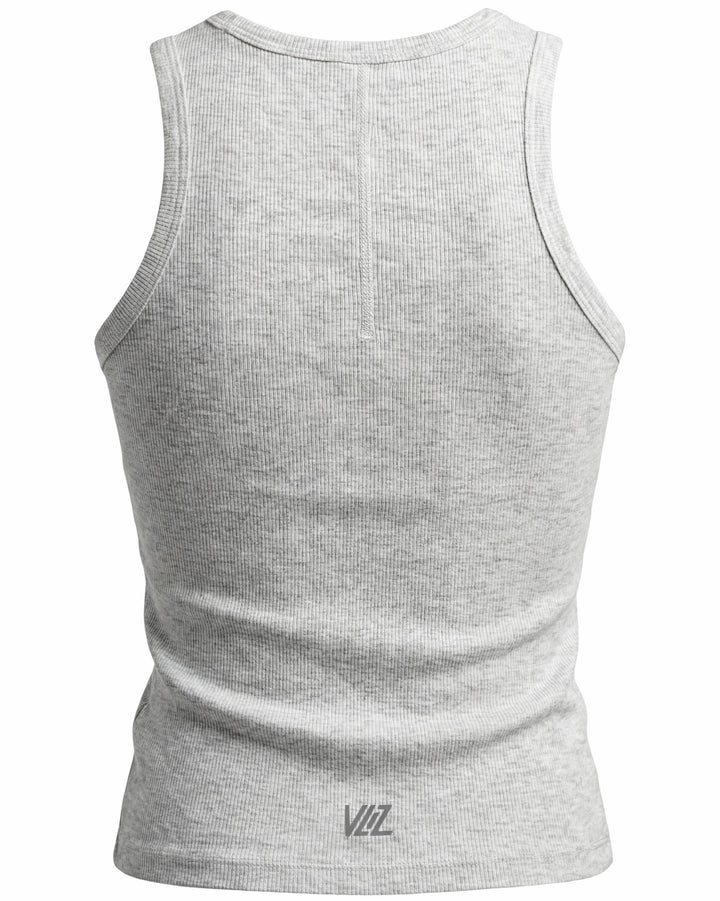 VLIZ Soft-Ribbed Padded Tank Top; a blonde woman models a light grey ribbed tank top with built-in pads and a supportive racerback design, paired with black leggings against a white background. Ideal for gym workouts, yoga, Pilates, and everyday training, highlighting its comfortable, flattering fit.