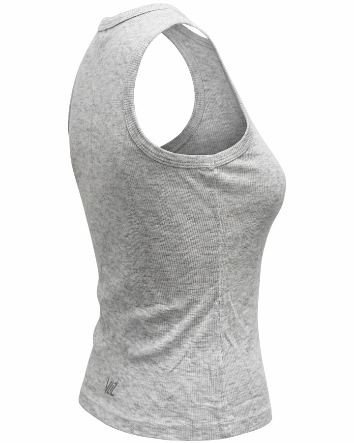 VLIZ Soft-Ribbed Padded Tank Top; a blonde woman models a light grey ribbed tank top with built-in pads and a supportive racerback design, paired with black leggings against a white background. Ideal for gym workouts, yoga, Pilates, and everyday training, highlighting its comfortable, flattering fit.