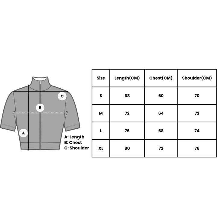 Size chart for VLIZ Full-Zip SculptFit Short Sleeve Top showing garment measurements for length, chest, and shoulder across sizes S to XL with illustrated measurement guide.