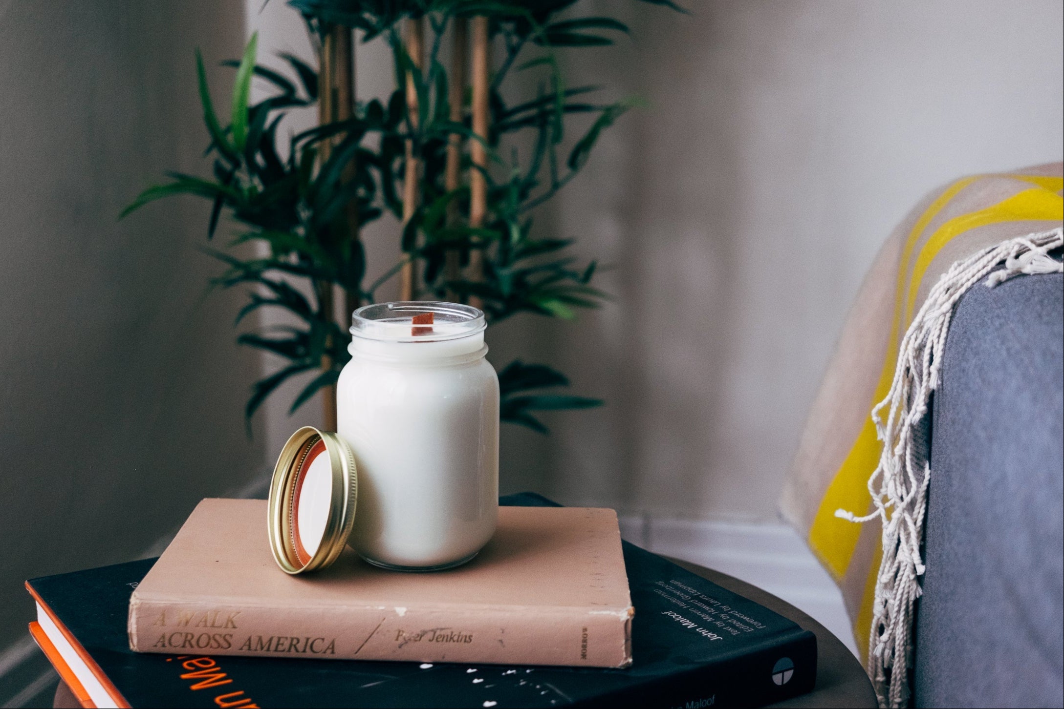 A white jar candle with a wooden wick placed on stacked books next to a cozy throw and potted plant, highlighting the VLIZ candle's calming and elegant aesthetic.