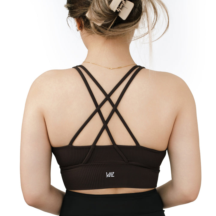 Back view of VLIZ ContourFlex Cross-Back Sports Bra in dark brown, showing criss-cross straps and ribbed texture.
