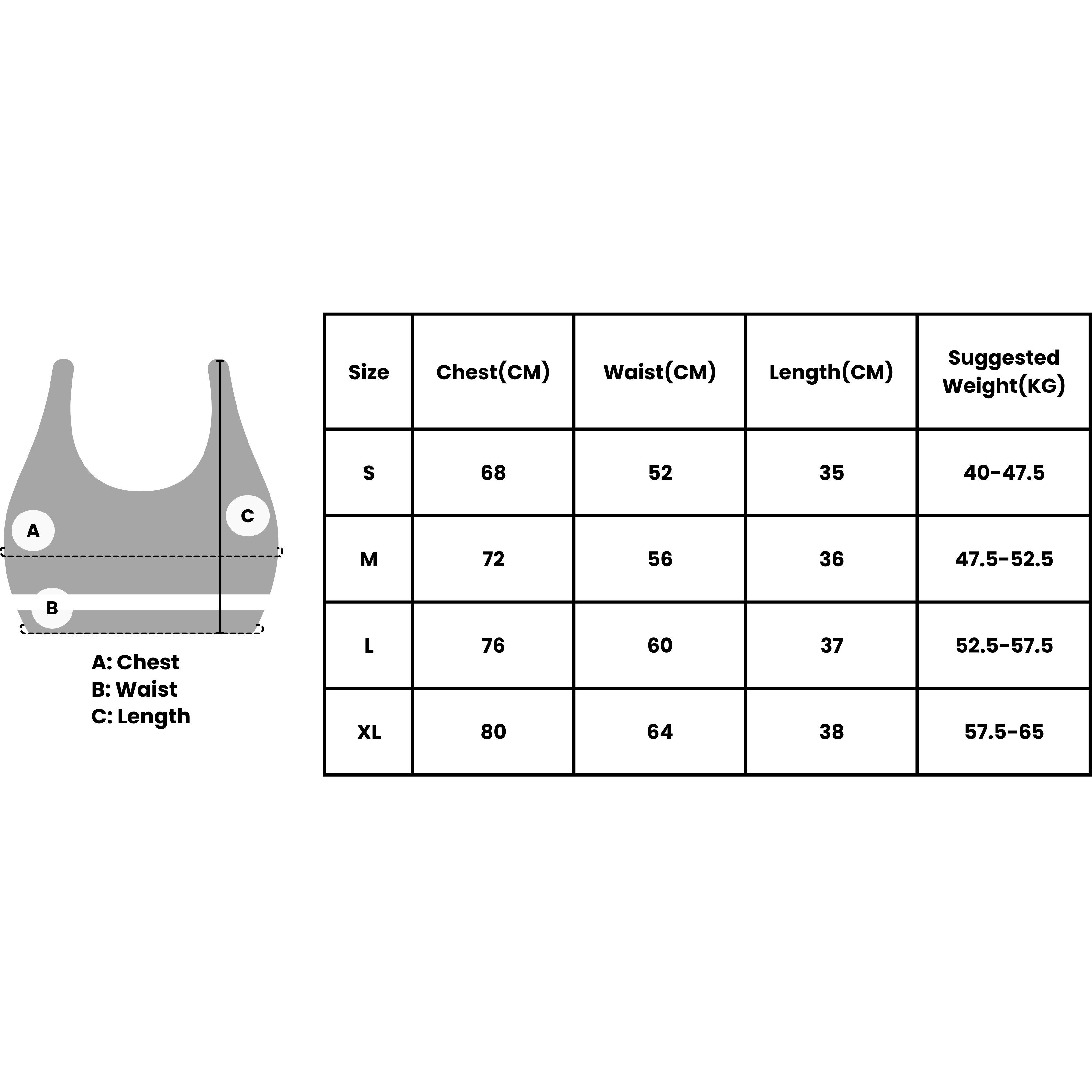 Size chart for VLIZ ContourFlex Cross-Back Sports Bra showing chest, waist, and length measurements in centimeters for sizes S to XL, along with suggested weight ranges in kilograms. Illustration on the left marks chest, waist, and length positions on the bra.