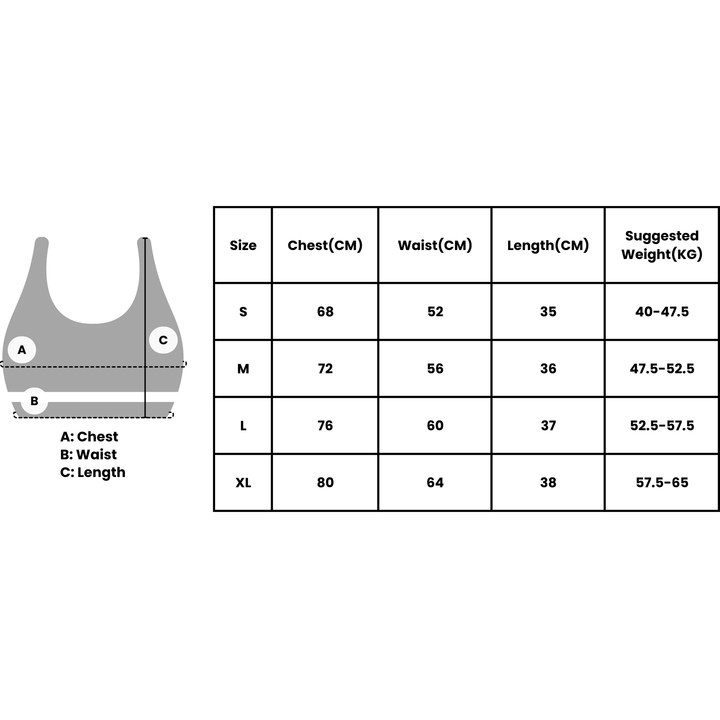 Size chart for VLIZ ContourFlex Cross-Back Sports Bra showing chest, waist, and length measurements in centimeters for sizes S to XL, along with suggested weight ranges in kilograms. Illustration on the left marks chest, waist, and length positions on the bra.