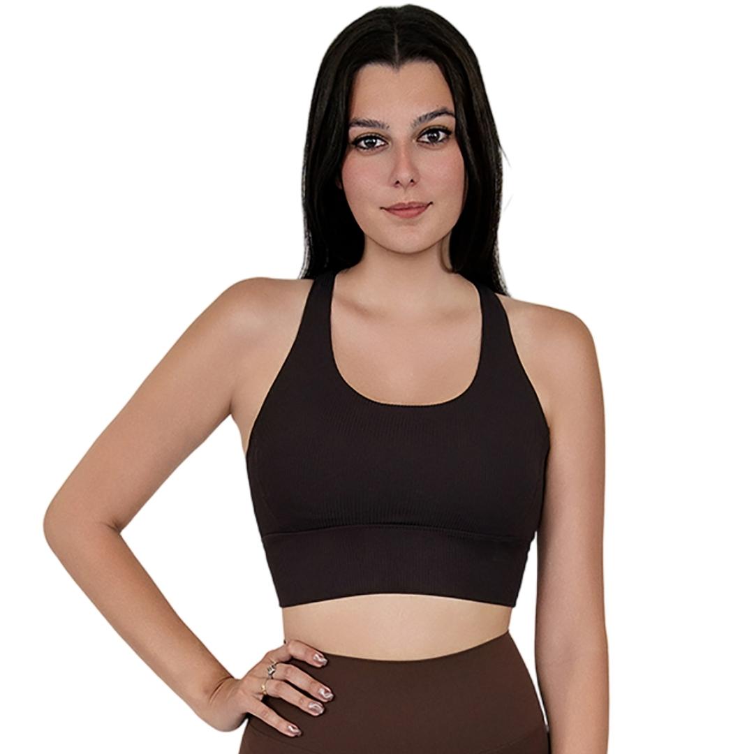 Model in VLIZ ContourFlex Cross-Back Sports Bra in Espresso, featuring criss-cross back straps and a sculpting, supportive fit ideal for yoga, Pilates, cardio, tennis, and everyday active movement.