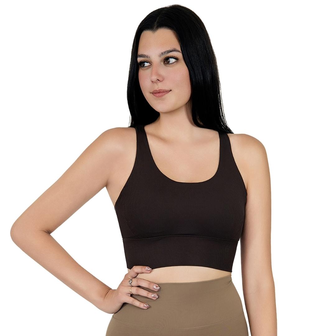 Model in VLIZ ContourFlex Cross-Back Sports Bra in Espresso, featuring criss-cross back straps and a sculpting, supportive fit ideal for yoga, Pilates, cardio, tennis, and everyday active movement.