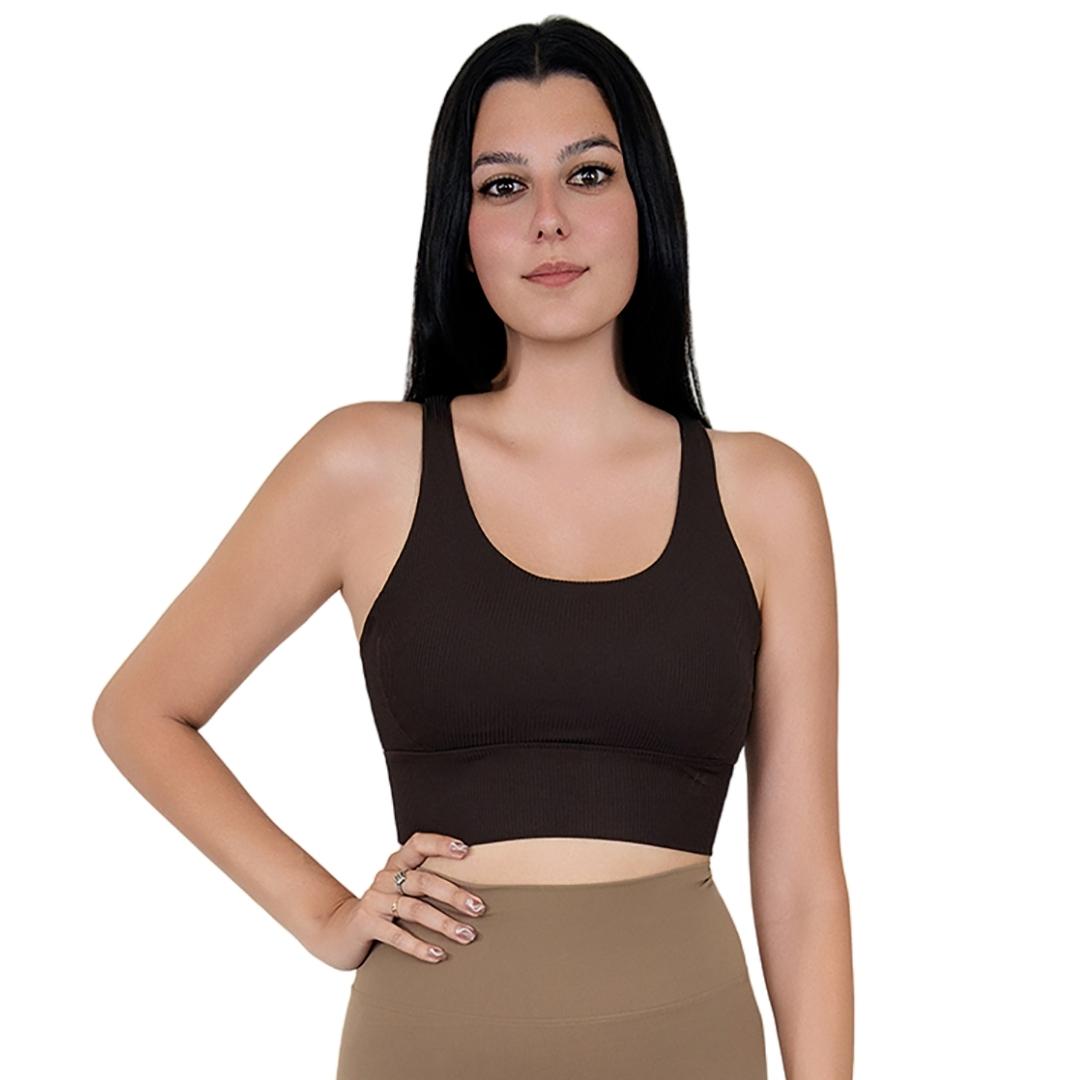 Model in VLIZ ContourFlex Cross-Back Sports Bra in Espresso, featuring criss-cross back straps and a sculpting, supportive fit ideal for yoga, Pilates, cardio, tennis, and everyday active movement.
