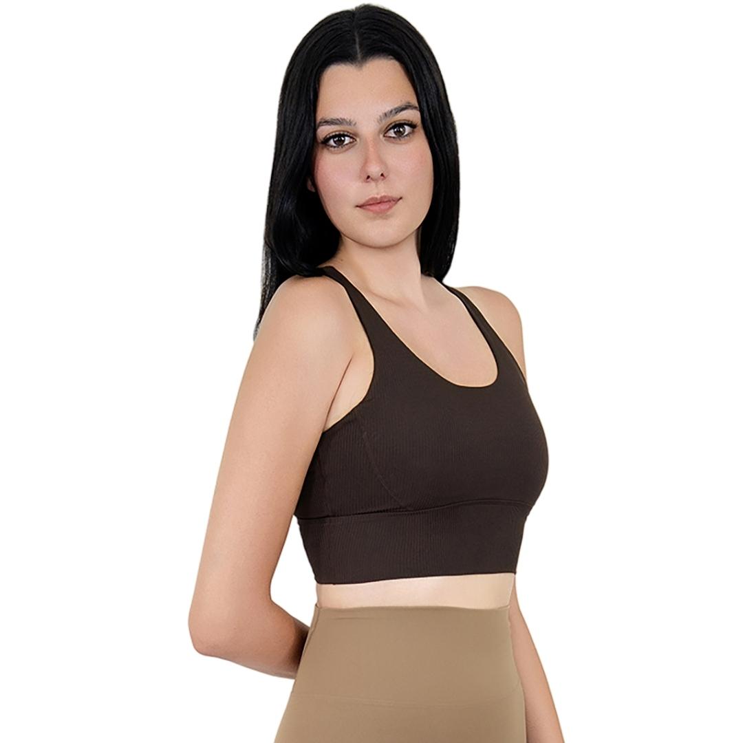 Model in VLIZ ContourFlex Cross-Back Sports Bra in Espresso, featuring criss-cross back straps and a sculpting, supportive fit ideal for yoga, Pilates, cardio, tennis, and everyday active movement.