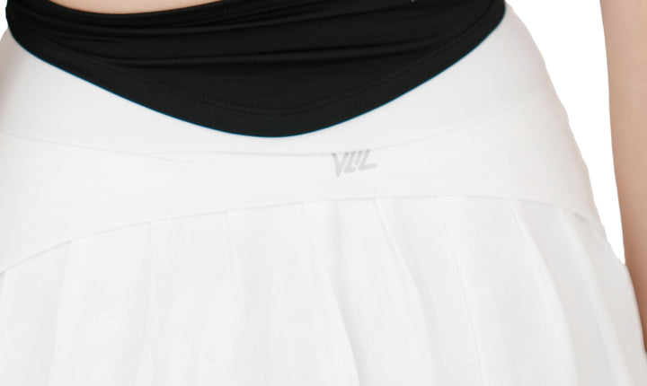 Close-up of the VLIZ logo on the waistband of the ContourFlex High-Waist Tennis Skirt in white.