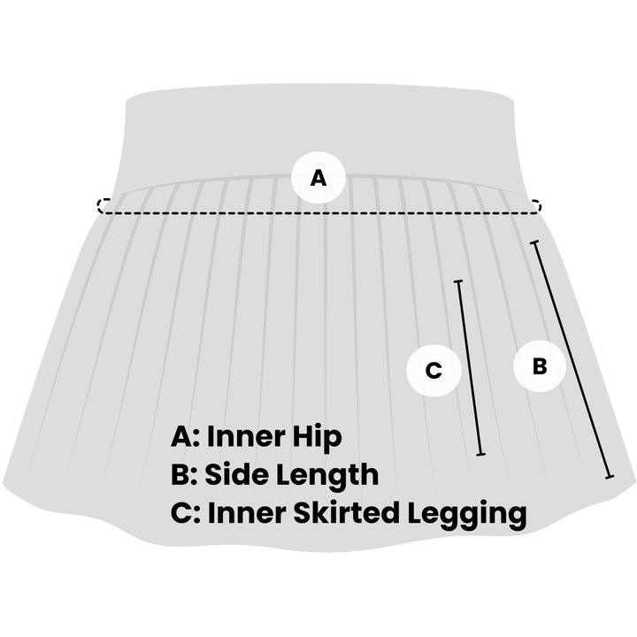 Measurement guide diagram for VLIZ ContourFlex Tennis Skirt showing inner hip (A), side length (B), and inner skirted legging (C).