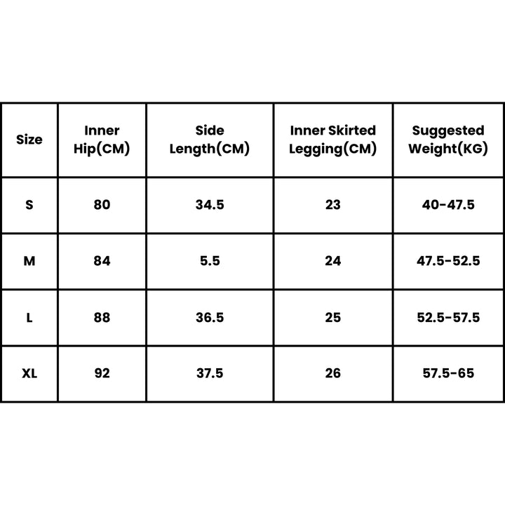 Size chart for VLIZ ContourFlex High-Waist Tennis Skirt showing measurements for inner hip, side length, inner skirted legging, and suggested weight for sizes S to XL.