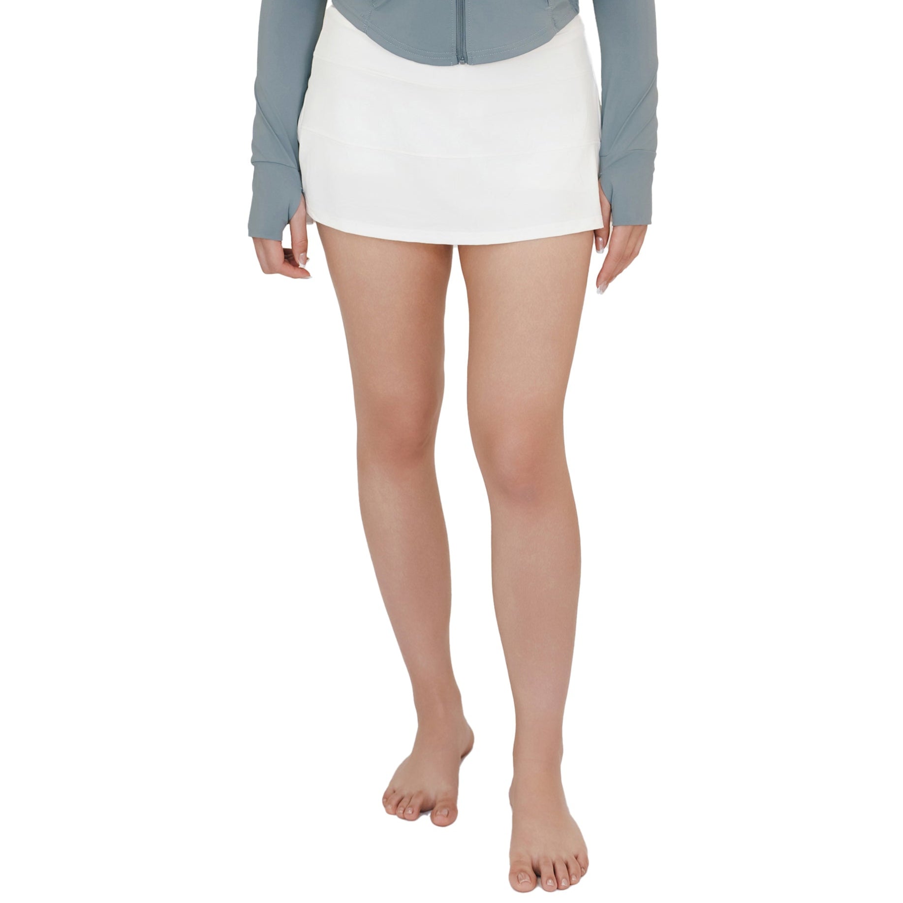 VLIZ ContourFlex High-Waist Tennis Skirt in white, front view showcasing high-rise waistband and sculpting A-line silhouette, perfectly for sports or casual wear.