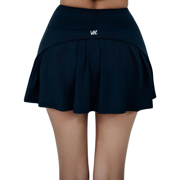 VLIZ ContourFlex High-Waist Tennis Skirt in Black, featuring a high-rise waistband, sculpting A-line silhouette, and built-in shorts with a hidden phone pocket—perfect for tennis, golf, cardio, and casual activewear.