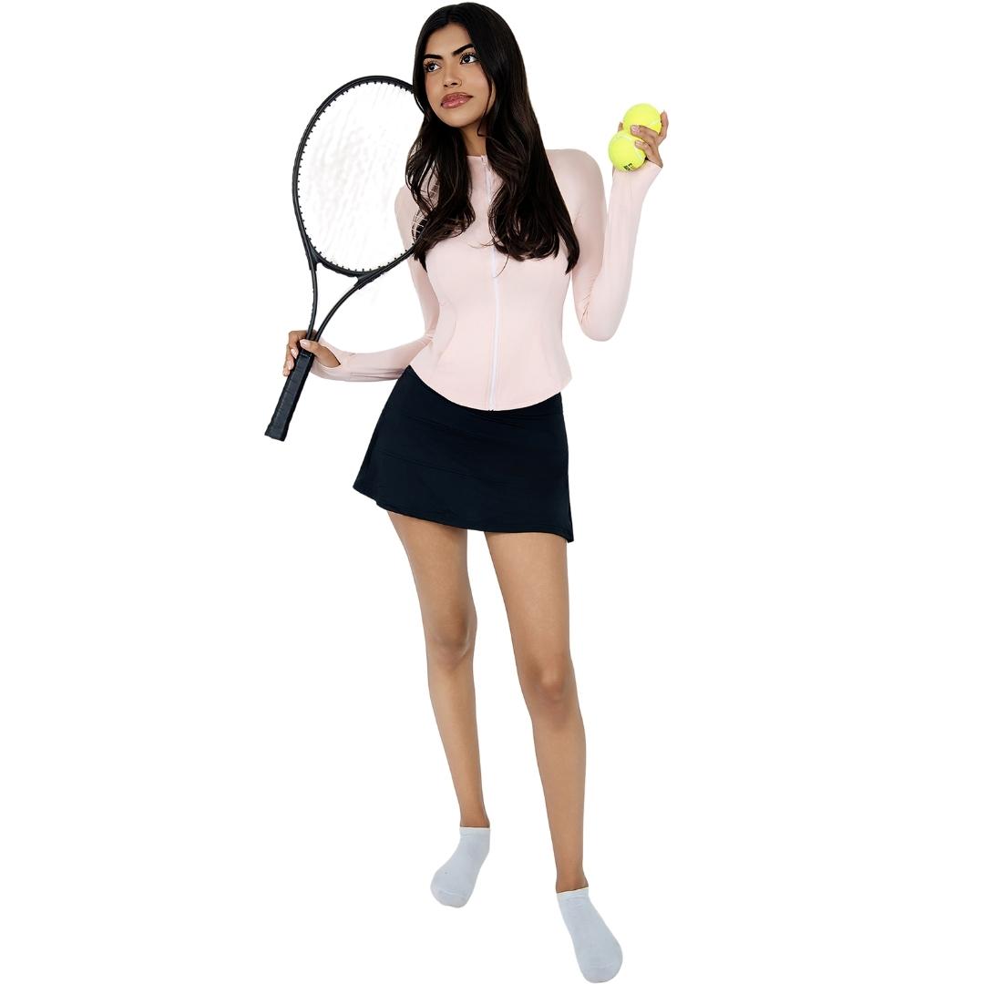 VLIZ ContourFlex High-Waist Tennis Skirt in Black, featuring a high-rise waistband, sculpting A-line silhouette, and built-in shorts with a hidden phone pocket—perfect for tennis, golf, cardio, and casual activewear.