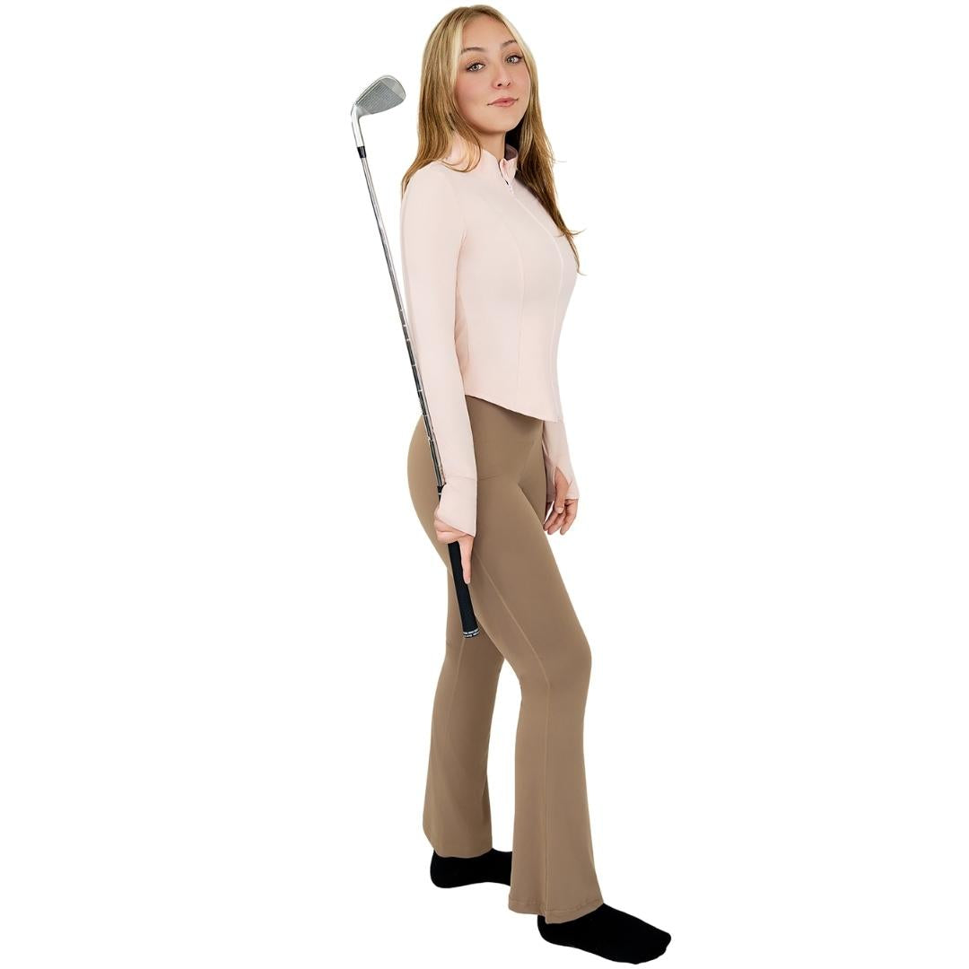 Model wearing the VLIZ Full-Zip Slim Fit Long Sleeve Top in Peach Pink, made of ice-touch fabric with a mock neck, thumbhole cuffs, and a sleek fit—ideal for tennis, hiking, outdoor workouts, and active layering.